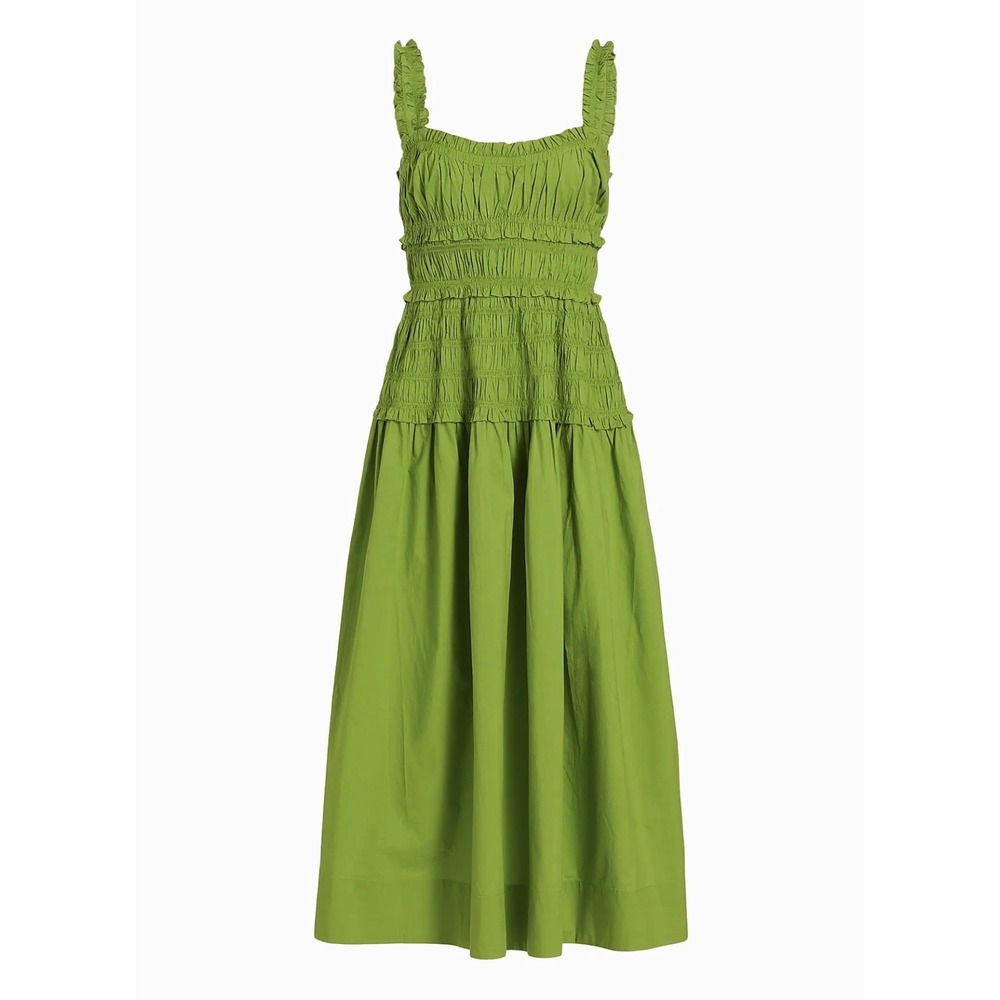 Caroline Constas Cotton Smocked Bodice Ruffle Midi/Maxi Dress Green Medium NEW